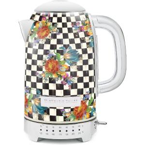 MACKENZIE-CHILDS Electric Kettle, Stainless-Steel Tea Kettle, Black-and-White Courtly Flower Market(White Flower Market)