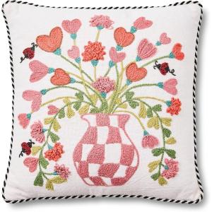 MACKENZIE-CHILDS Throw Pillow, Decorative Cotton Pillow for Valentine’s Day Decor, 18×18, Pink Check Hearts Bouquet