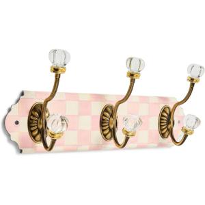 MACKENZIE-CHILDS Triple Wall Hook, Enamel Hanging Wall Rack, Pink-and-White Rosy Check(Rosy Check)