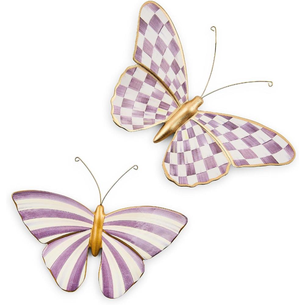 image:imageMACKENZIECHILDS Set of 2 Butterfly Decorations Hanging Butterfly Wall Decor BrownandWhite MochaViolet Check