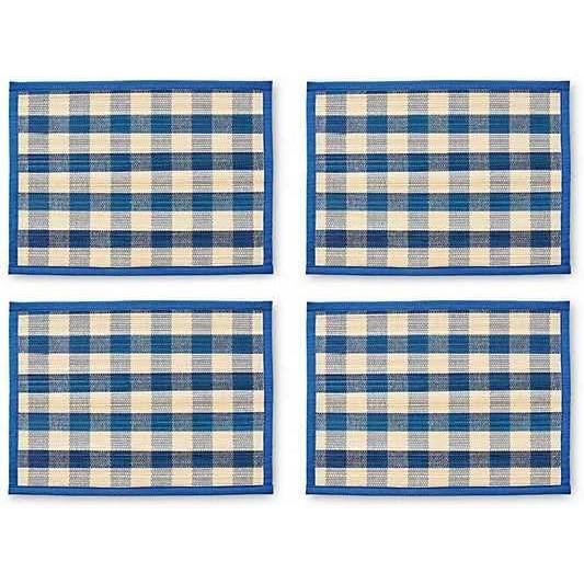 image:imageMACKENZIECHILDS Set of 4 Straw Placemats Woven Table Mats Blue Woven CheckBlue