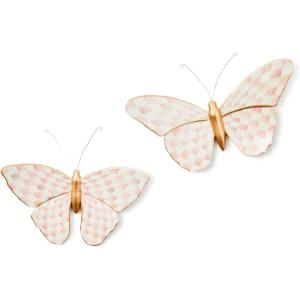 MACKENZIE-CHILDS Set of 2 Butterfly Decorations, Hanging Butterfly Wall Decor, Brown-and-White Mocha(Rosy Check)