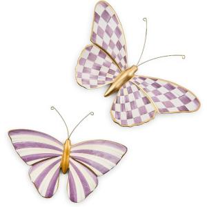 MACKENZIE-CHILDS Set of 2 Butterfly Decorations, Hanging Butterfly Wall Decor, Brown-and-White Mocha(Violet Check)
