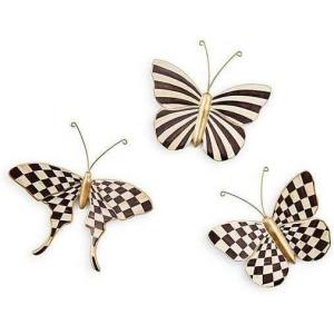 MACKENZIE-CHILDS Set of 3 Butterfly Decorations, Hanging Butterfly Wall Decor, Brown-and-White Mocha(Courtly Check & Stripe)