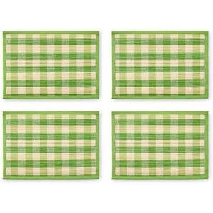 MACKENZIE-CHILDS Set of 4 Straw Placemats, Woven Table Mats, Blue Woven Check(Green)
