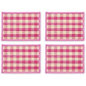 MACKENZIE-CHILDS Set of 4 Straw Placemats, Woven Table Mats, Blue Woven Check(Pink)