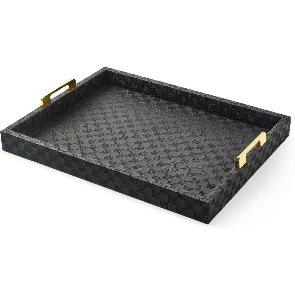image:imageMACKENZIECHILDS Black FauxLeather Tray with Handles Rectangular Tray for Serving Large178 x 138 x 28