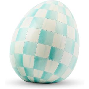MACKENZIE-CHILDS Egg Figurine, Cute Easter Table Decoration, Spring and Easter Egg Decor, Mini, Pink-and-White Bubblegum Stripe(Aqua Check)