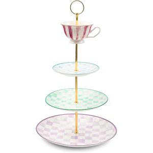 MACKENZIE-CHILDS Porcelain Tiered Sweet Stand, Three-Tier Serving Tray for Dessert, Wonderland