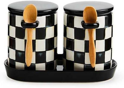 image:imageMACKENZIECHILDS Set of 2 Ceramic Farmhouse Canisters Kitchen Storage Containers with Lids 26Ounce Capacity Each BrownandWhite Mocha CheckCourtly Check