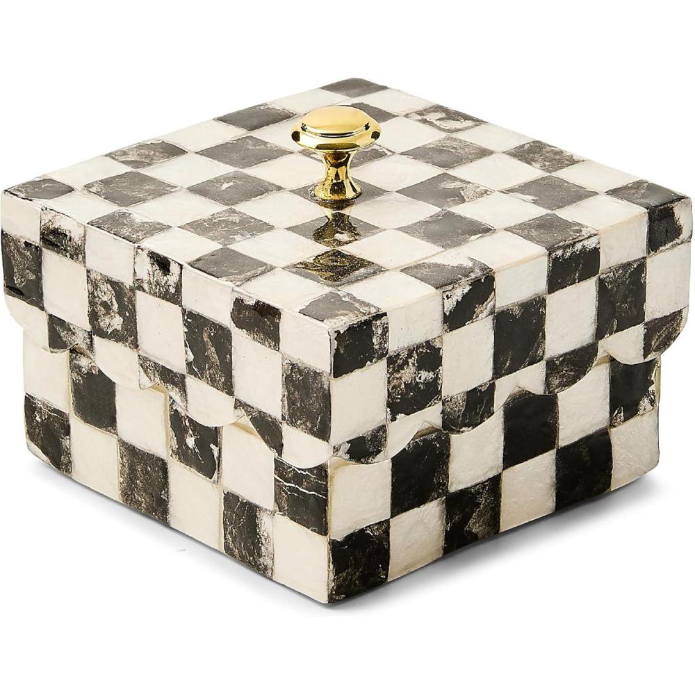 image:imageMACKENZIECHILDS Capiz Scalloped Box Small Storage Box for Jewelry and Ring Storage BlackandWhite Courtly CheckCourtly Check