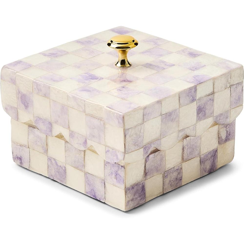 image:imageMACKENZIECHILDS Capiz Scalloped Box Small Storage Box for Jewelry and Ring Storage BlackandWhite Courtly CheckViolet Check