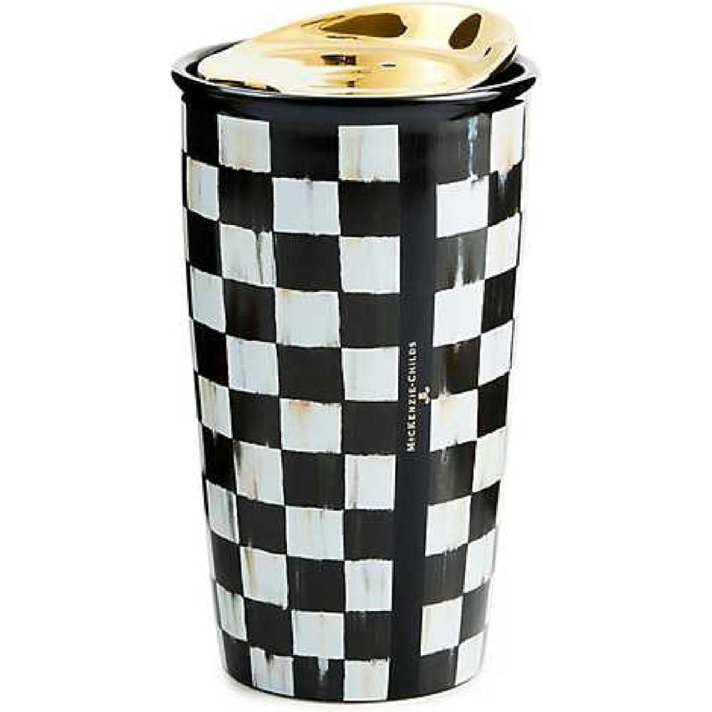 image:imageMACKENZIECHILDS Ceramic Travel Cup Tumbler with Lid 12Ounce Capacity PinkandWhite Rosy CheckCourtly Check