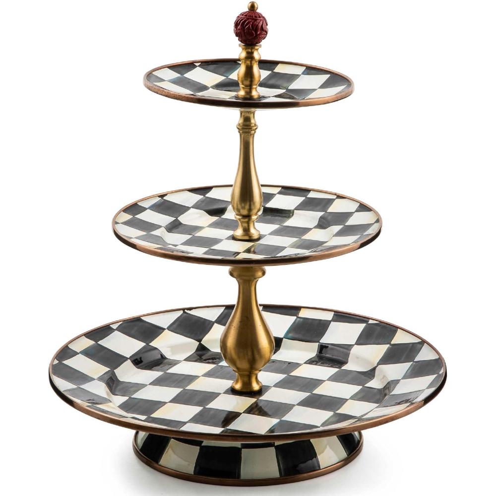 image:imageMACKENZIECHILDS Enamel Tiered Sweet Stand TwoTier Serving Tray for Dessert PinkandWhite Rosy CheckCourtly Check