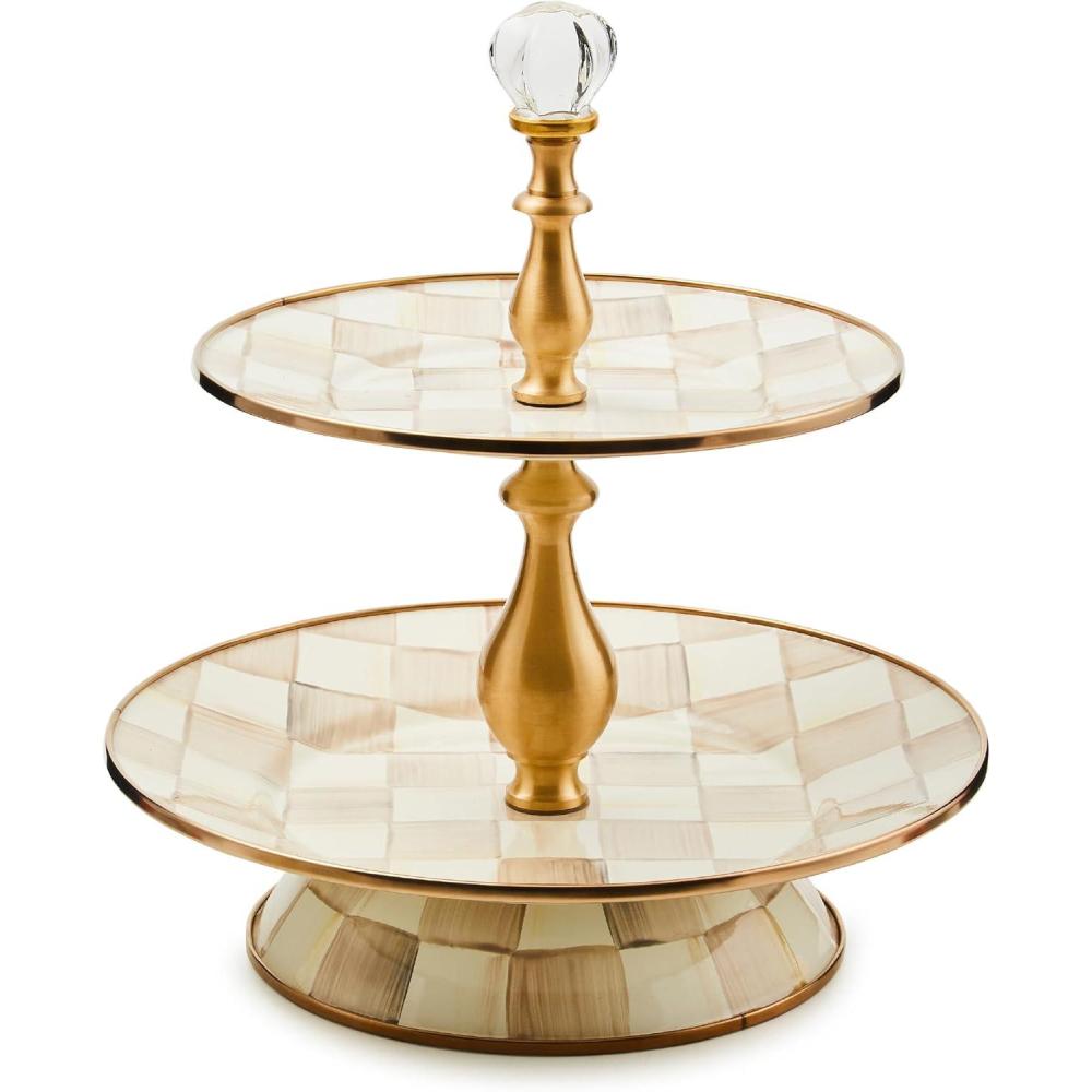 image:imageMACKENZIECHILDS Enamel Tiered Sweet Stand TwoTier Serving Tray for Dessert PinkandWhite Rosy CheckMocha Check