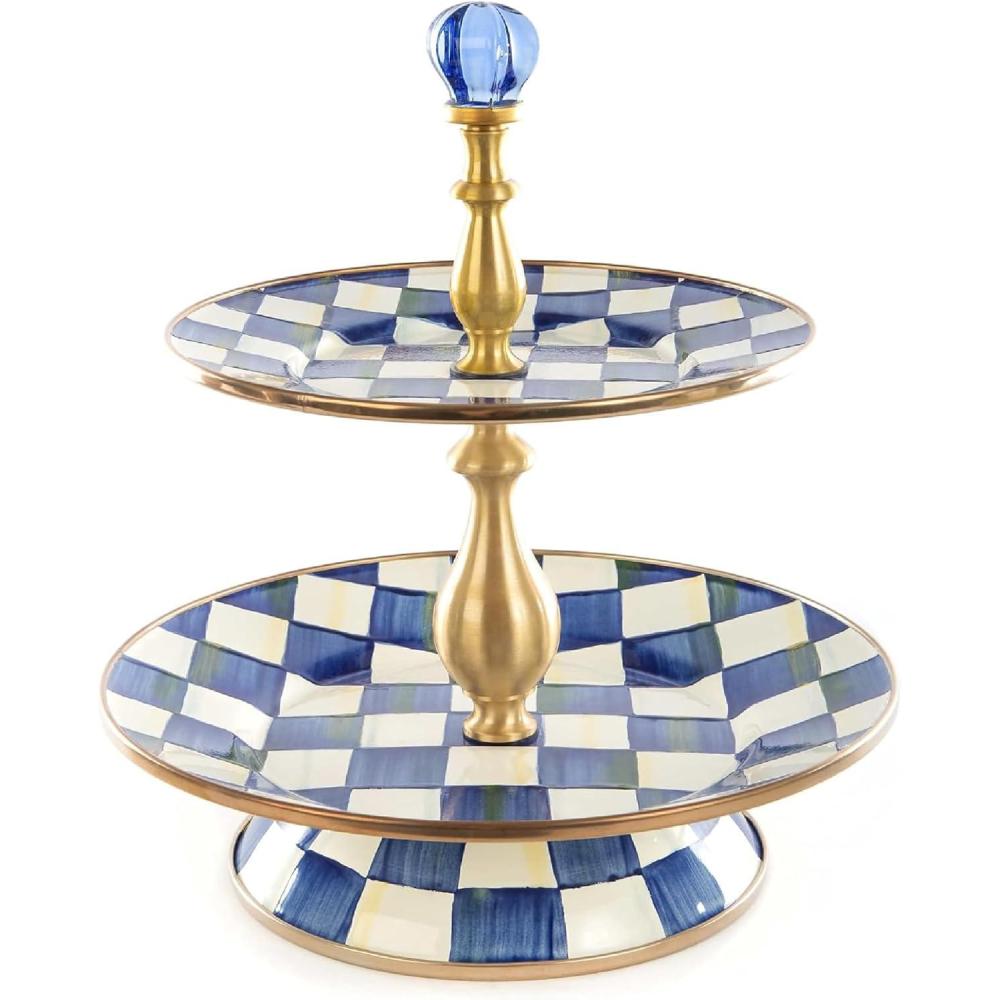 image:imageMACKENZIECHILDS Enamel Tiered Sweet Stand TwoTier Serving Tray for Dessert PinkandWhite Rosy CheckRoyal Check