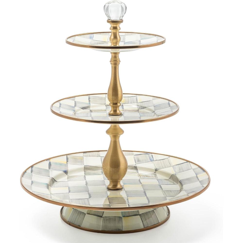 image:imageMACKENZIECHILDS Enamel Tiered Sweet Stand TwoTier Serving Tray for Dessert PinkandWhite Rosy CheckSterling Check