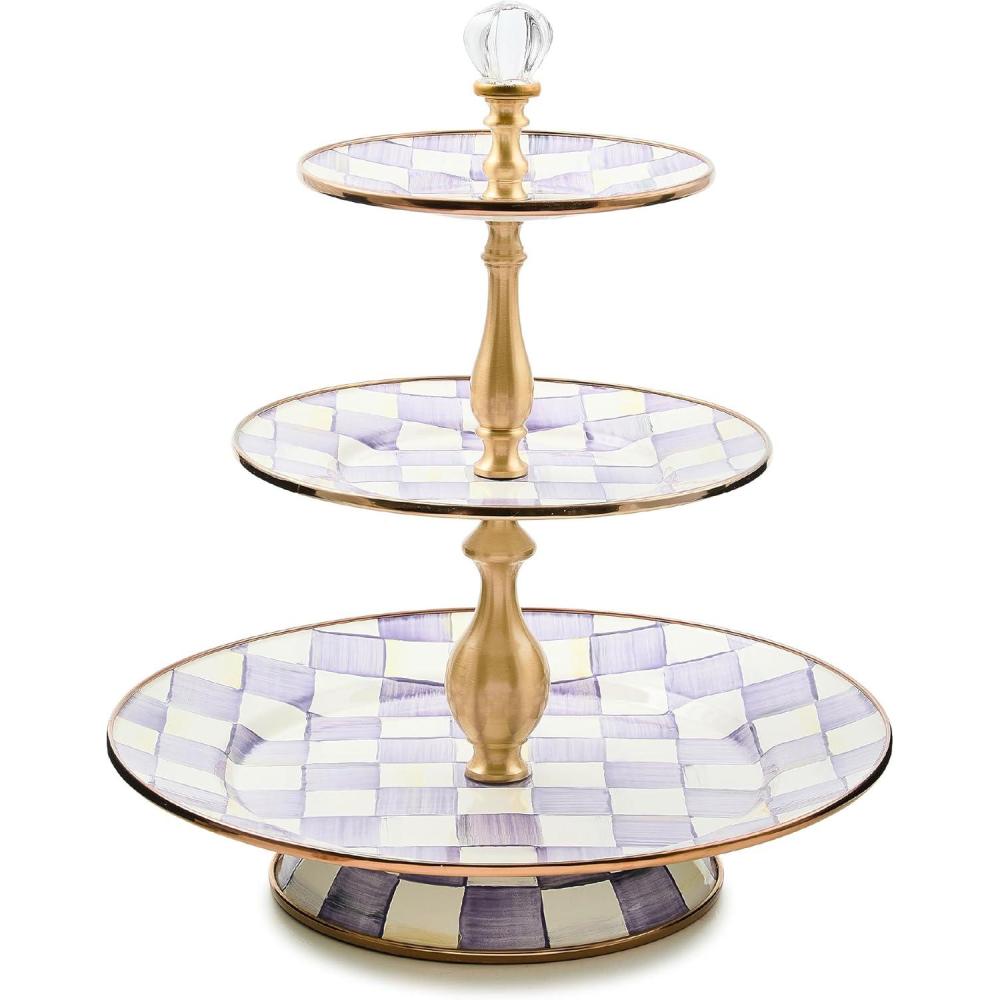 image:imageMACKENZIECHILDS Enamel Tiered Sweet Stand TwoTier Serving Tray for Dessert PinkandWhite Rosy CheckViolet Check