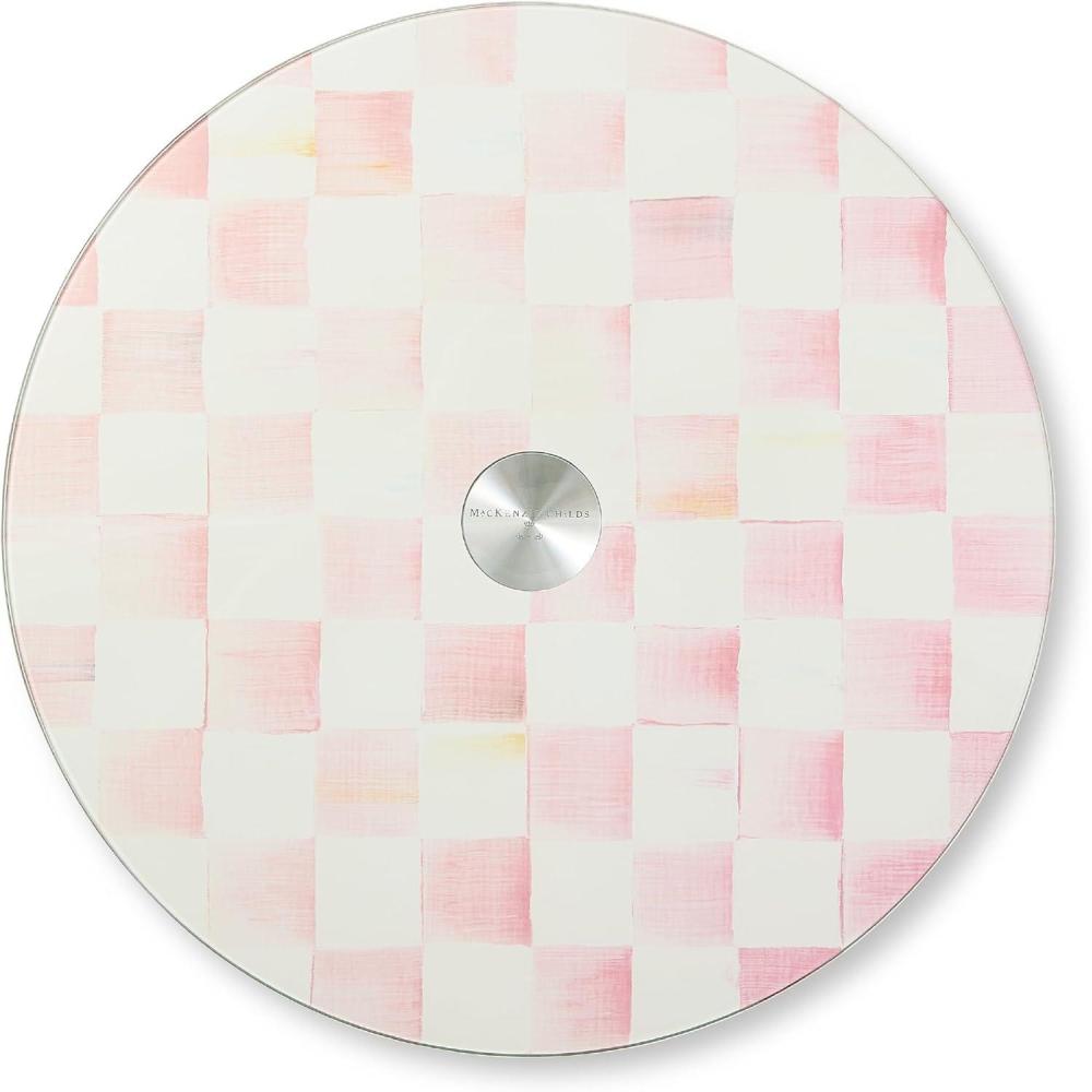 image:imageMACKENZIECHILDS Glass Lazy Susan Round Rotating Serving Board BrownandWhite Mocha CheckRosy Check