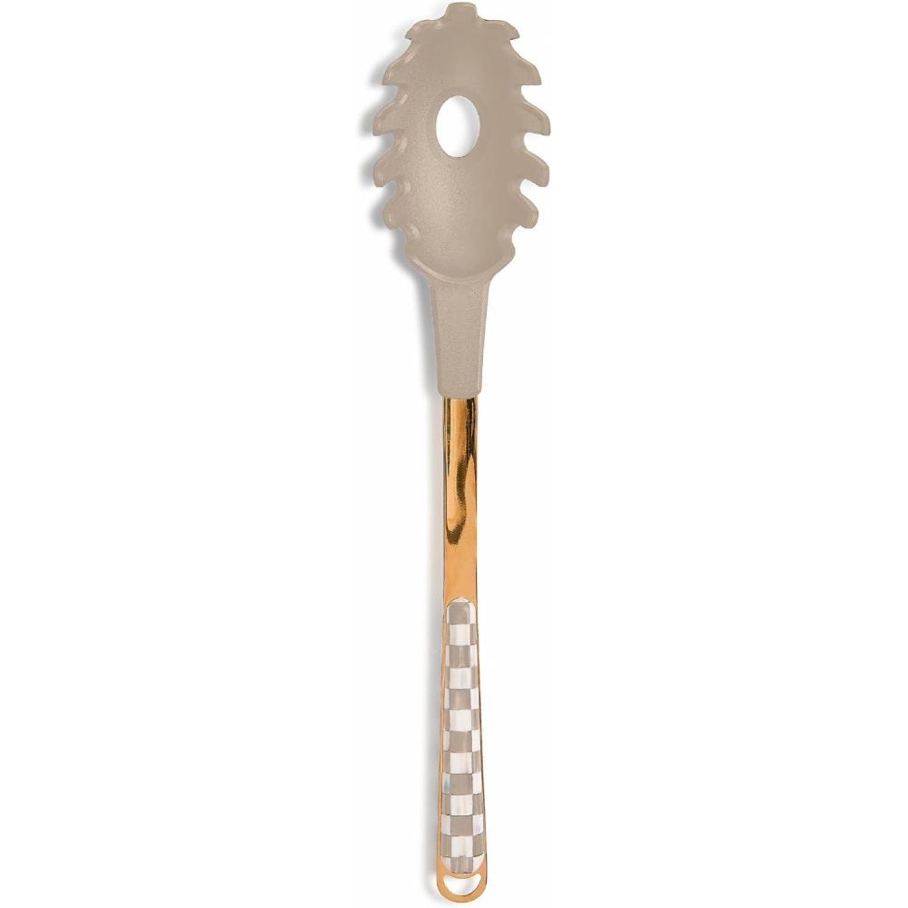 image:imageMACKENZIECHILDS Pasta Spoon StainlessSteel Slotted Spoon for Cooking PinkandWhite Rosy CheckMocha Check