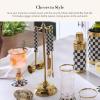 MACKENZIE-CHILDS 3260 Bar-Tool Set, 5-Piece Set with Stainless-Steel Jigger, Strainer, Bottle Opener, Mixing Spoon, Knife, and Stand, Black-and-White Courtly Check Gold
