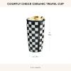 MACKENZIE-CHILDS Ceramic Travel Cup, Tumbler with Lid, 12-Ounce Capacity, Pink-and-White Rosy Check(Courtly Check)