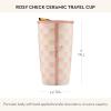 MACKENZIE-CHILDS Ceramic Travel Cup, Tumbler with Lid, 12-Ounce Capacity, Pink-and-White Rosy Check(Rosy Check)