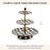 MACKENZIE-CHILDS Enamel Tiered Sweet Stand, Two-Tier Serving Tray for Dessert, Pink-and-White Rosy Check(Courtly Check)