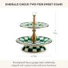 MACKENZIE-CHILDS Enamel Tiered Sweet Stand, Two-Tier Serving Tray for Dessert, Pink-and-White Rosy Check(Emerald Check)