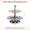 MACKENZIE-CHILDS Enamel Tiered Sweet Stand, Two-Tier Serving Tray for Dessert, Pink-and-White Rosy Check(Royal Check)