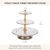 MACKENZIE-CHILDS Enamel Tiered Sweet Stand, Two-Tier Serving Tray for Dessert, Pink-and-White Rosy Check(Violet Check)