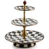 MACKENZIE-CHILDS Enamel Tiered Sweet Stand, Two-Tier Serving Tray for Dessert, Pink-and-White Rosy Check(Courtly Check)