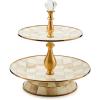 MACKENZIE-CHILDS Enamel Tiered Sweet Stand, Two-Tier Serving Tray for Dessert, Pink-and-White Rosy Check(Mocha Check)