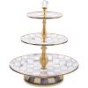 MACKENZIE-CHILDS Enamel Tiered Sweet Stand, Two-Tier Serving Tray for Dessert, Pink-and-White Rosy Check(Violet Check)