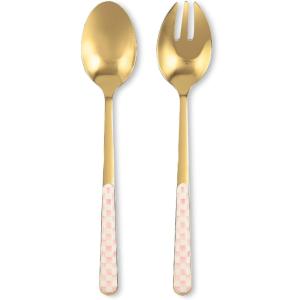 MACKENZIE-CHILDS 2-Piece Bistro Salad Serving Set, Stainless-Steel Salad Servers, Black-and-White Courtly Check(Rosy Check)
