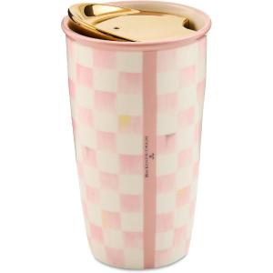 MACKENZIE-CHILDS Ceramic Travel Cup, Tumbler with Lid, 12-Ounce Capacity, Pink-and-White Rosy Check(Rosy Check)