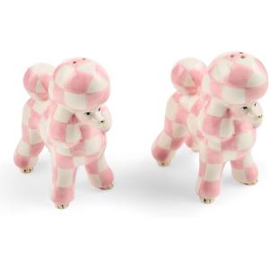 MACKENZIE-CHILDS Decorative Salt and Pepper Shaker Set, Ceramic Salt and Pepper Holders, Pink-and-White Rosy Check Poodle