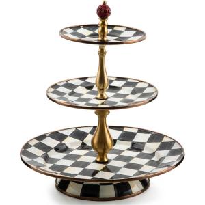 MACKENZIE-CHILDS Enamel Tiered Sweet Stand, Two-Tier Serving Tray for Dessert, Pink-and-White Rosy Check(Courtly Check)