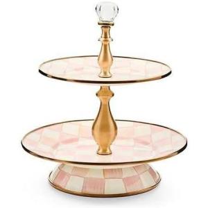 MACKENZIE-CHILDS Enamel Tiered Sweet Stand, Two-Tier Serving Tray for Dessert, Pink-and-White Rosy Check(Rosy Check)