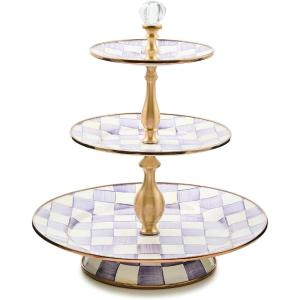 MACKENZIE-CHILDS Enamel Tiered Sweet Stand, Two-Tier Serving Tray for Dessert, Pink-and-White Rosy Check(Violet Check)