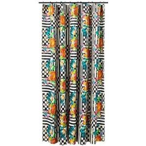 MACKENZIE-CHILDS Fabric Shower Curtain, Decorative Bathroom Shower Curtain, 72×72, Brown-and-White Mocha Check(Courtly Flower Market)