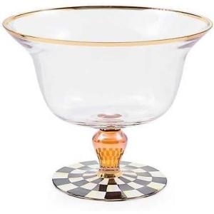 MACKENZIE-CHILDS Glass Pedestal Bowl, Decorative Serving Bowl, Black-and-White Courtly Check