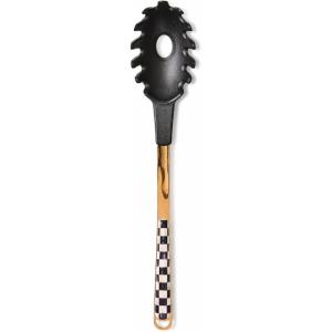 MACKENZIE-CHILDS Pasta Spoon, Stainless-Steel Slotted Spoon for Cooking, Pink-and-White Rosy Check(Courtly Check)