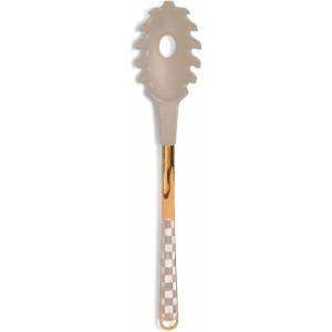MACKENZIE-CHILDS Pasta Spoon, Stainless-Steel Slotted Spoon for Cooking, Pink-and-White Rosy Check(Mocha Check)
