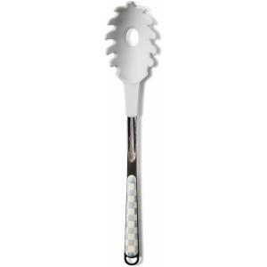 MACKENZIE-CHILDS Pasta Spoon, Stainless-Steel Slotted Spoon for Cooking, Pink-and-White Rosy Check(Sterling Check)