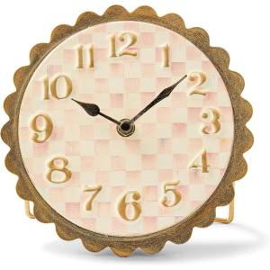 MACKENZIE-CHILDS Scalloped Desk Clock, Decorative Analog Clock for Living Room or Office, Pink-and-White Rosy Check(Rosy Check)