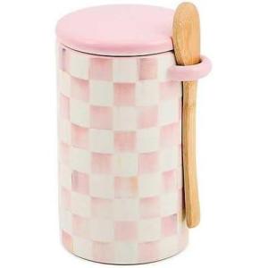 MACKENZIE-CHILDS Set of 2 Ceramic Farmhouse Canisters, Kitchen Storage Containers with Lids, 26-Ounce Capacity Each, Brown-and-White Mocha Check(Rosy Check)