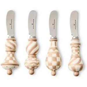 MACKENZIE-CHILDS Set of 4 Party Spreaders, Metal Butter and Charcuterie-Board Utensils, Black-and-White Courtly Check(Mocha Check)