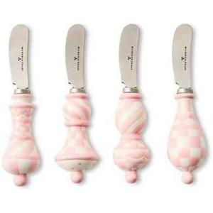 MACKENZIE-CHILDS Set of 4 Party Spreaders, Metal Butter and Charcuterie-Board Utensils, Black-and-White Courtly Check(Rosy Check)