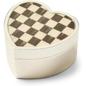 MACKENZIE-CHILDS Silver-Plated, Small Storage Box for Jewelry, Keepsakes, Ring Storage, or Gift Giving, Black-and-White Courtly Check Heart